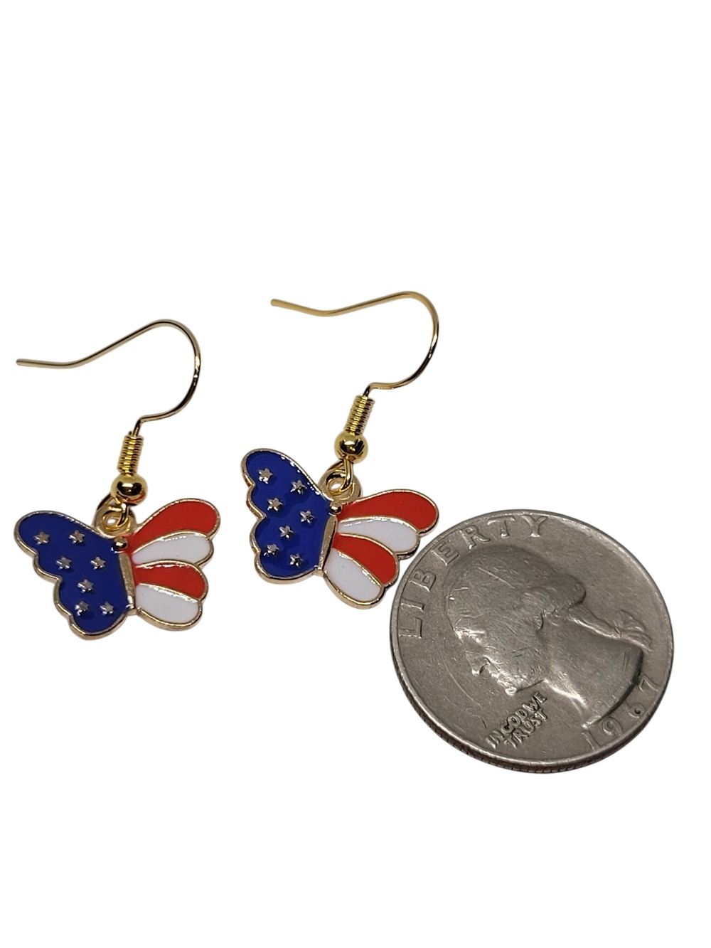 Gold Butterfly Dangle Earrings in Red, White & Blue - Picture 2 of 2